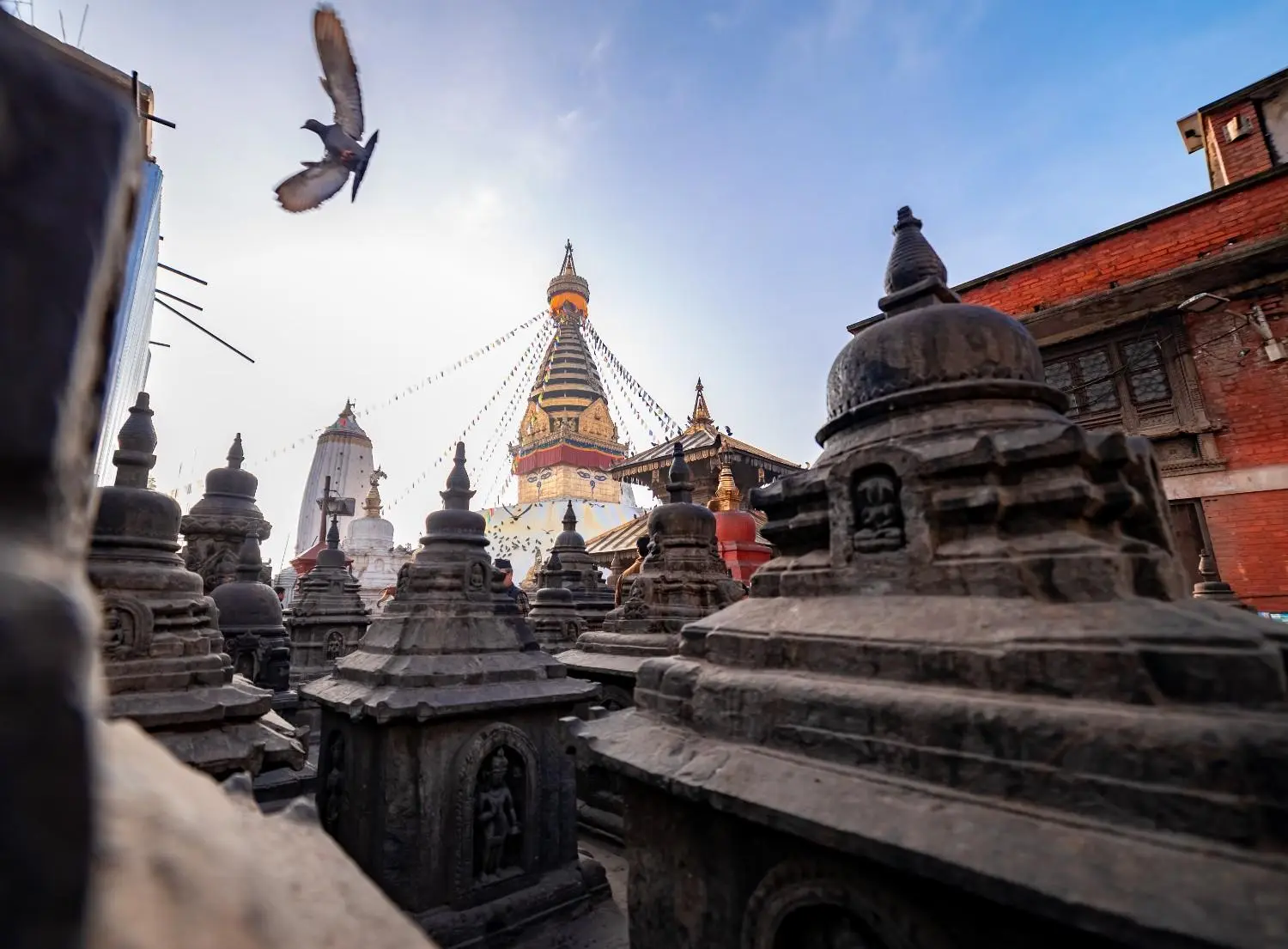 A UNESCO World Heritage Site in Kathmandu, Nepal, with prayer flags and pigeons in the sky