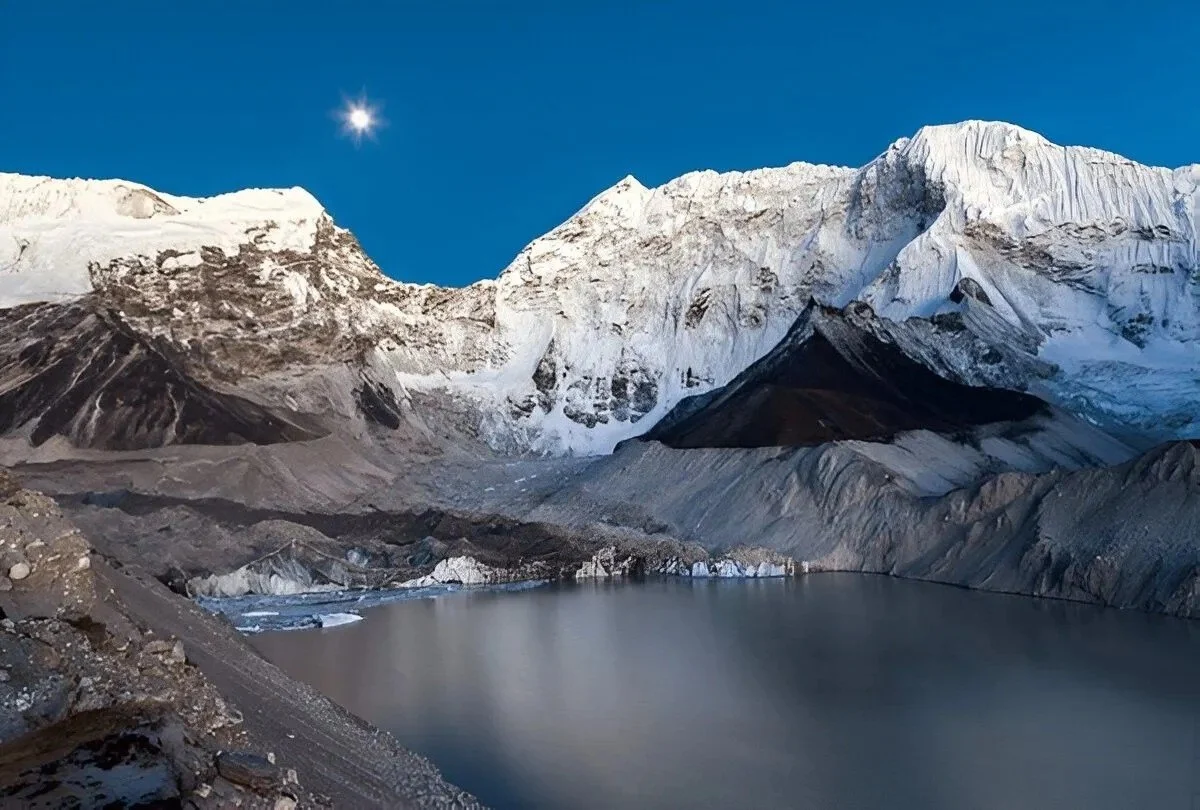 Imja Tsho glacial lake surrounded by snow-covered Himalayan mountains in Nepal