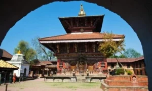 Traditional temple at Namobuddha monastery near Kathmandu with classic Newari architecture and courtyard