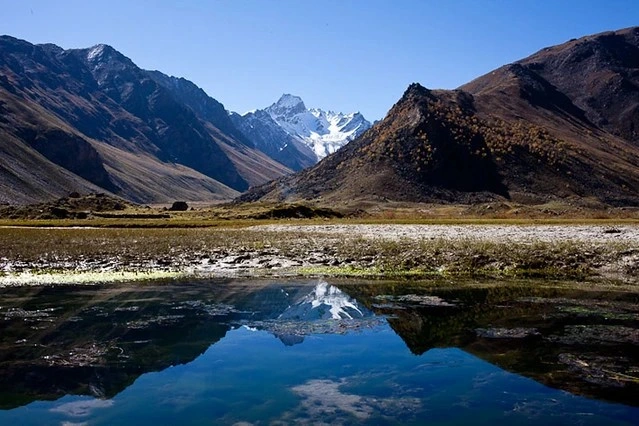 Scenic view of Limi Valley in Humla with snow-capped Himalayan peaks reflected in a peaceful alpine lake.