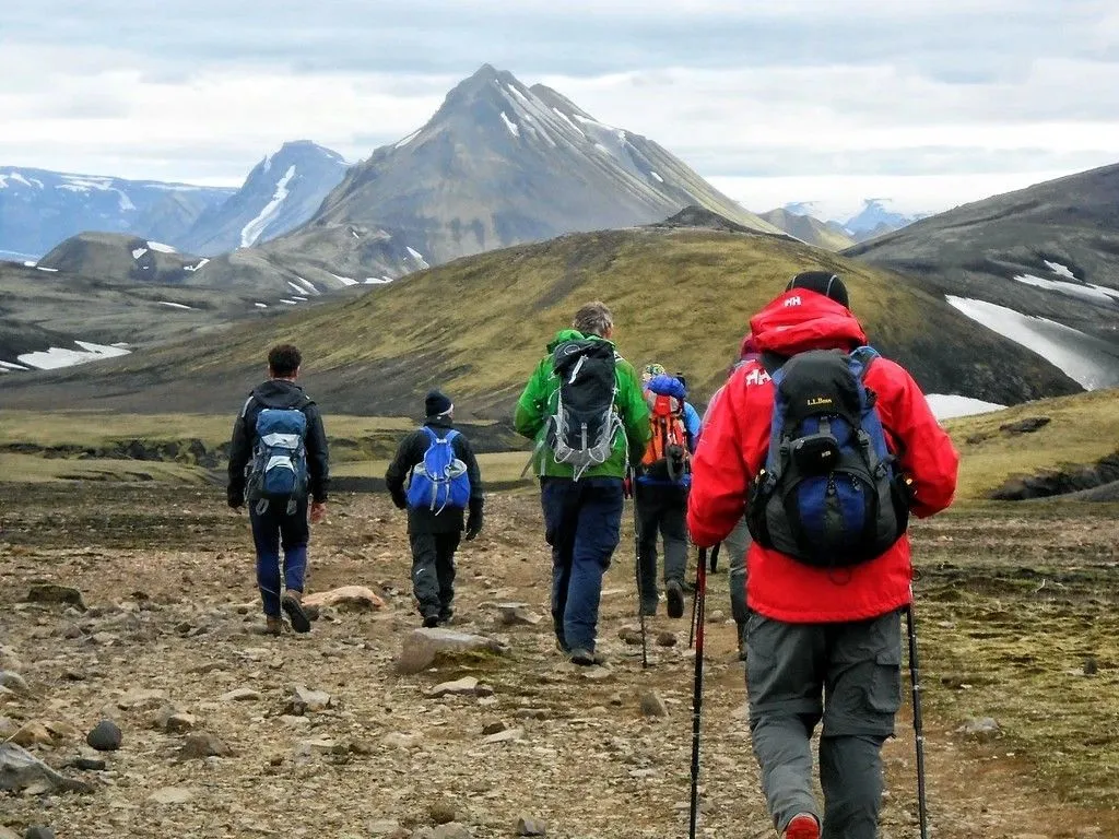 Trekkers hiking along a rocky mountain trail with snow-capped peaks in the background